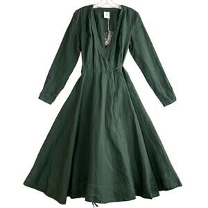 Son De Flor Wrap Dress Womens XS Green 100% Linen Long Sleeve Cottagecore NWT